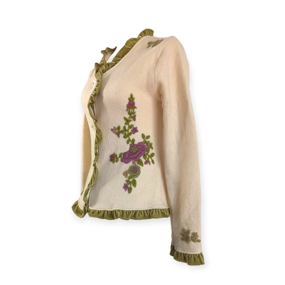 Tally-Ho Cream Wool Ruffle Cardigan with floral embroidery - Picture 2 of 11